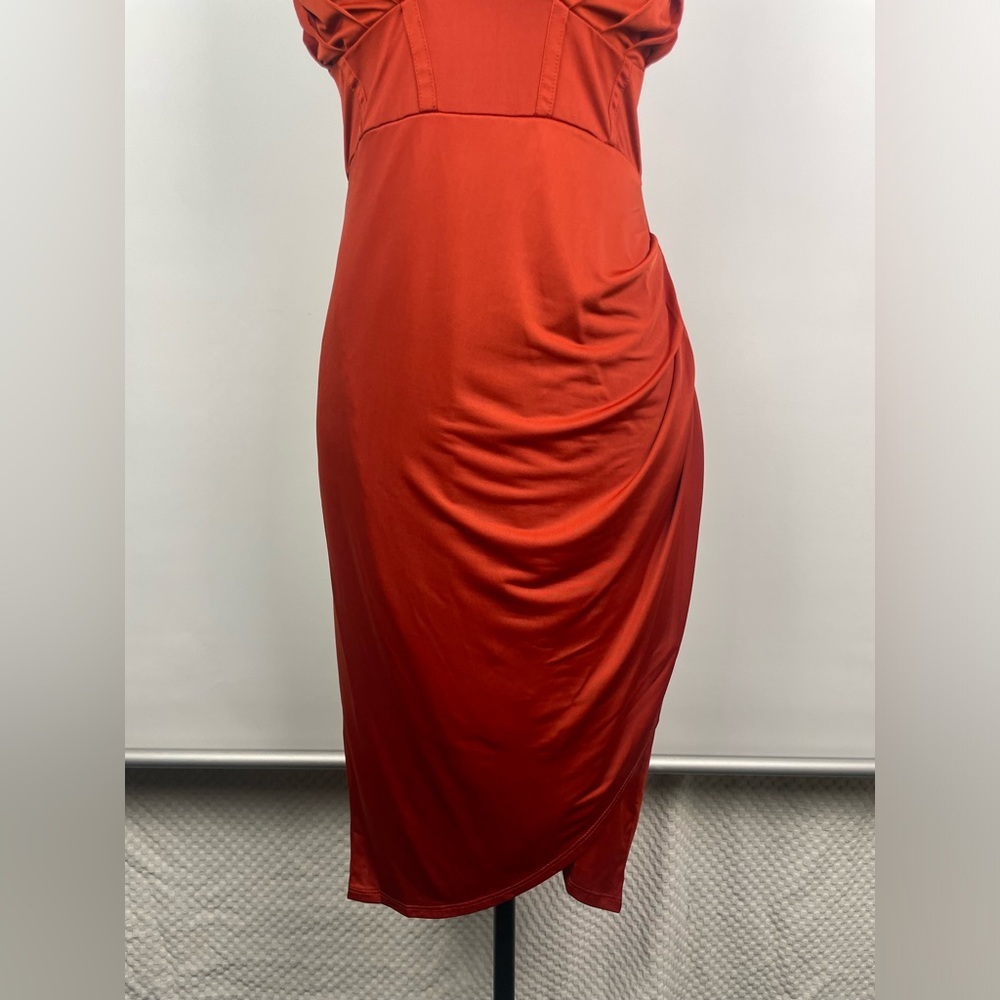 Nevena Rae Rust Red Plunge Rouched Hip Corset Style Bodice Dress - Picture 5 of 7